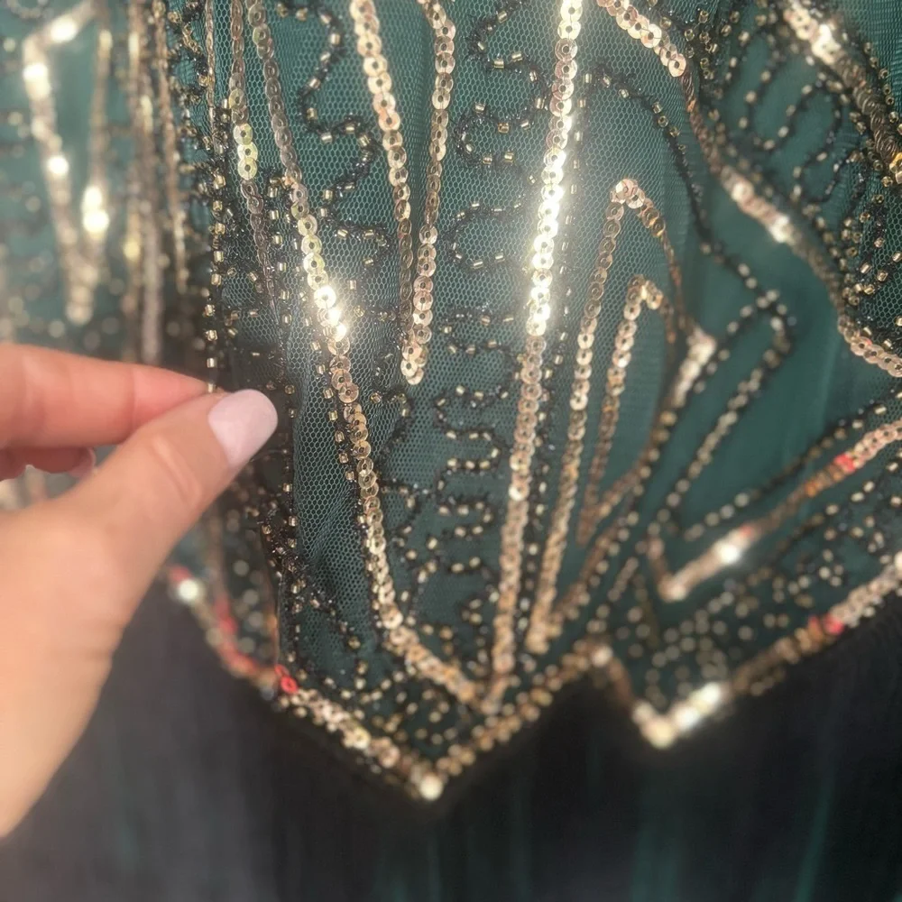 NWT BABEYOND Emerald & Gold Sequin Flapper Holiday Party Dress 3X-5XL Fringe - Picture 14 of 16